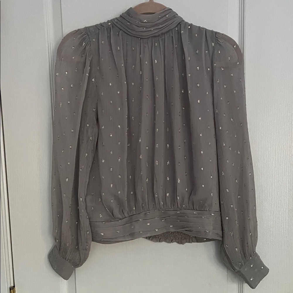 Ann Taylor Shirred Mock Neck Popover Top in Silver Metallic Dot size S